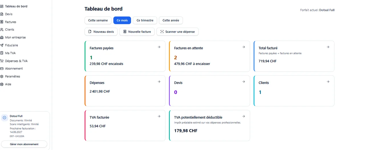 Tableau de bord Dotsul avec factures, dépenses, clients et suivi TVA