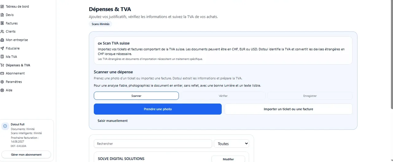 Écran Dotsul de scan intelligent des justificatifs et gestion des dépenses