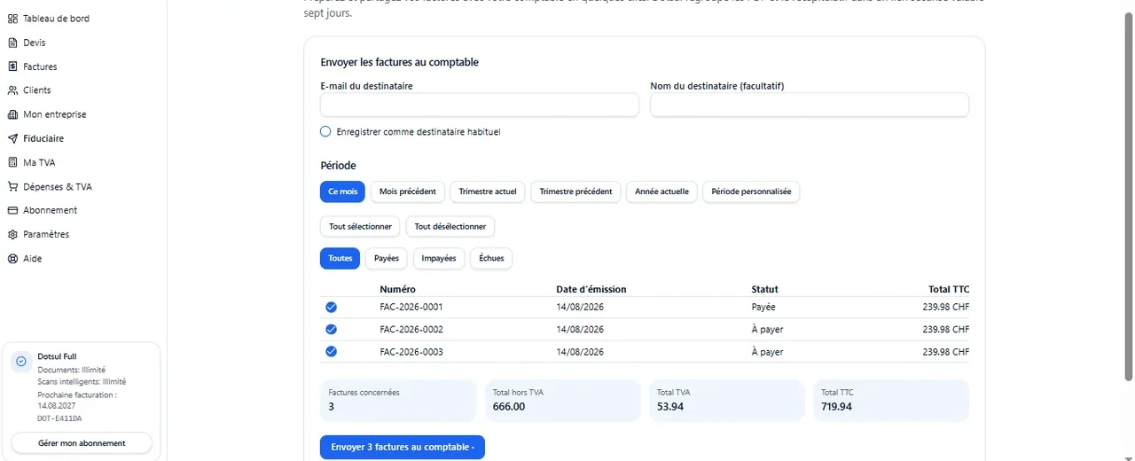 Écran Dotsul de préparation et transmission de documents à une fiduciaire